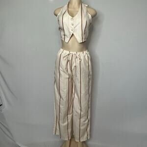 SHEIN 2-Piece Halter Crop Top & Wide Leg Pants Set Women’s Medium Cream Stripe